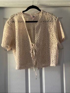 Open-Knit Tie-Front Crochet Top - Cream
